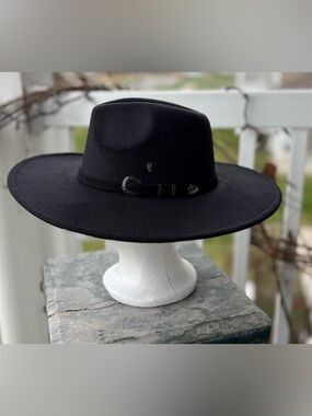 NWT Frye Black Wool Felt Wide Brim Hat 3” Brim Adjustable Western Fedora OS RARE